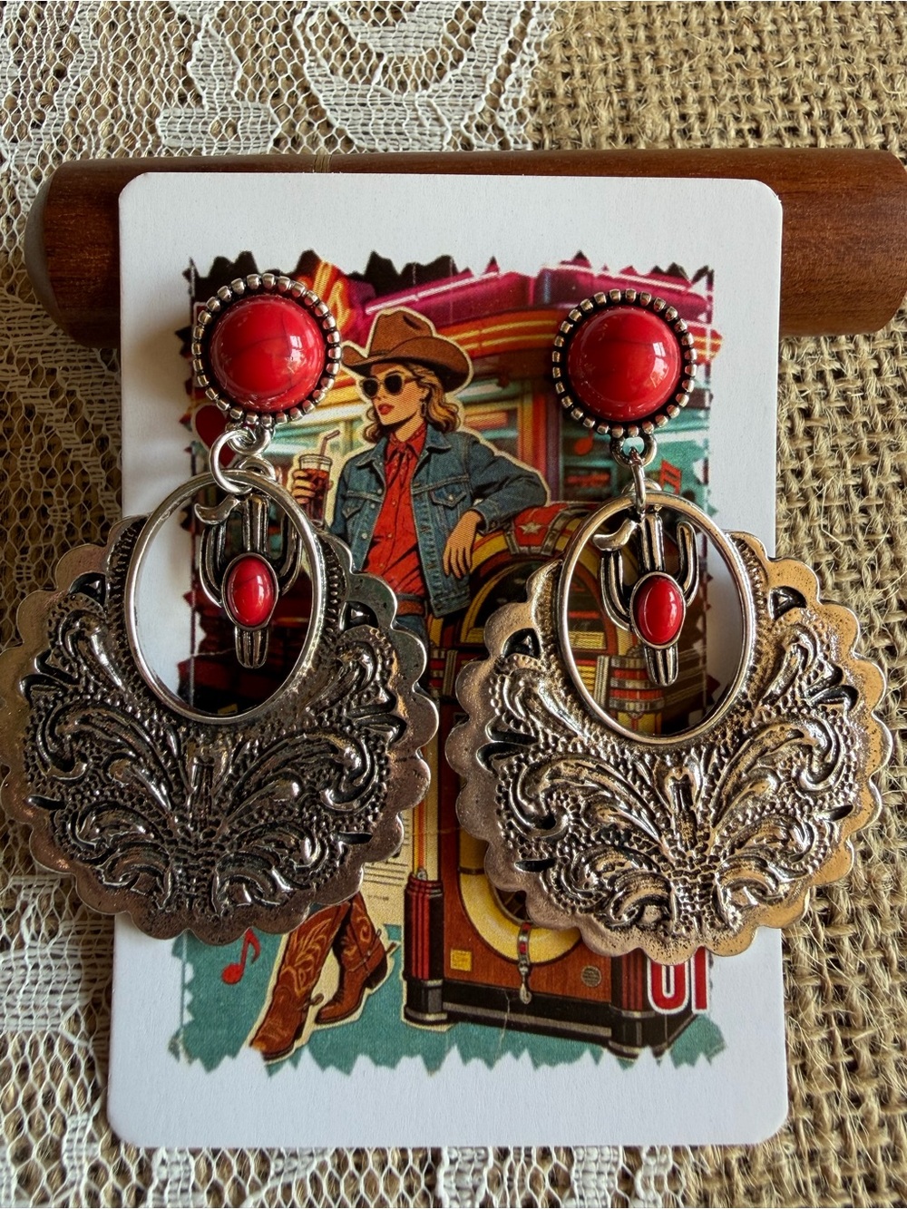 Brand NEW Western Cowboy Cowgirl Red Stone turquoise Dangle Cactus Earrings
